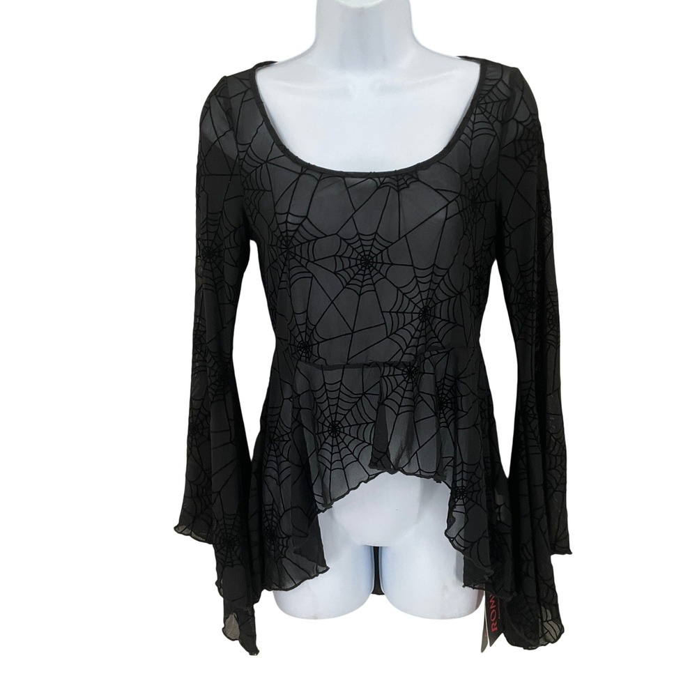 Whimsigoth Top Women M Black Spiderweb Flocked Mesh Bell Sleeve Goth Emo